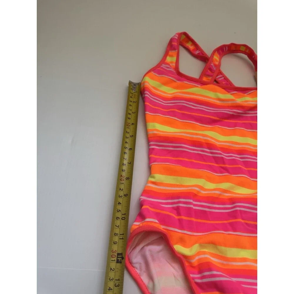 Willow Sport Girls One Piece Swimsuit Neon Pink Orange Stripe Size 10